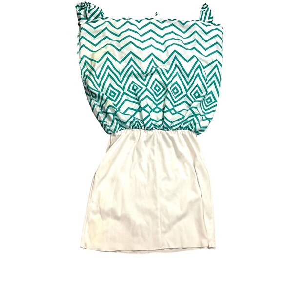 My Michelle Size XL White Teal Chevron Tie Neck Lined Laceback Boho Resort Dress - Picture 12 of 12